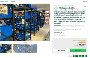 Se subastarán más de £ 170 000 en piezas de bicicletas, con una oferta actual de solo £ 2600 después de la reestructuración de la empresa de bicicletas.