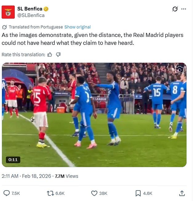 El Benfica dice increíblemente públicamente que los jugadores del Real Madrid mienten sobre los abusos racistas con nuevas imágenes