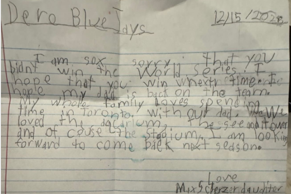 La hija de Max Scherzer escribió una carta a los Blue Jays deseando el regreso de su padre