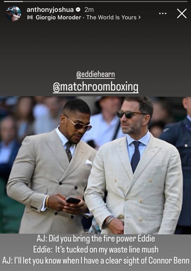 Anthony Joshua toma una foto de Conor Benn en una publicación de Instagram mientras el británico muestra su apoyo al promotor Eddie Hearn después de que su ex compañero de equipo dejó Matchroom por su rival Zuffa Boxing.