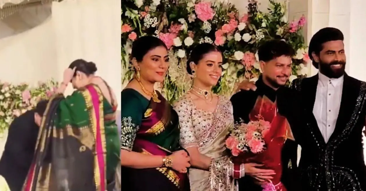 MIRAR: Kuldeep Yadav toca respetuosamente los pies de Ravindra Jadeja y su esposa en la recepción de la boda