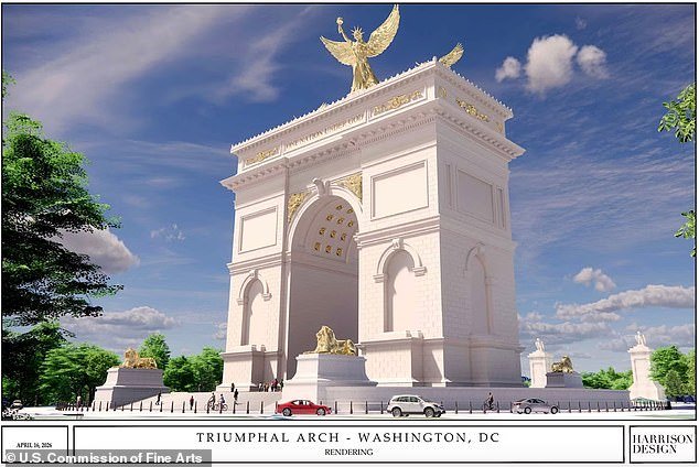 Nuevas representaciones muestran detalles del ‘Arco Trump’ de 250 pies de altura que se elevará sobre Washington DC mientras el presidente confirma que ha presentado formalmente sus planes.