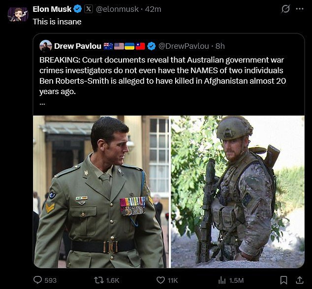 Elon Musk duplica el comentario de Ben Roberts-Smith tras la acusación de crímenes de guerra contra el exsoldado australiano del SAS