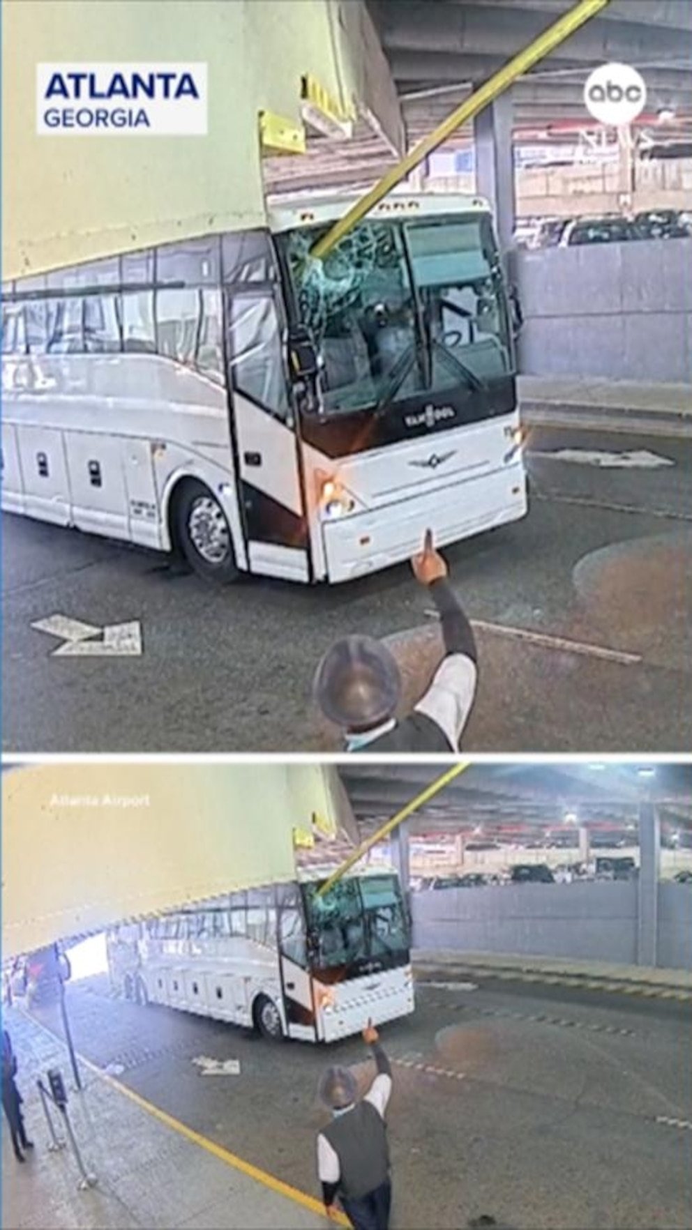 Un poste de video rompe el parabrisas de un autobús en el aeropuerto de Atlanta