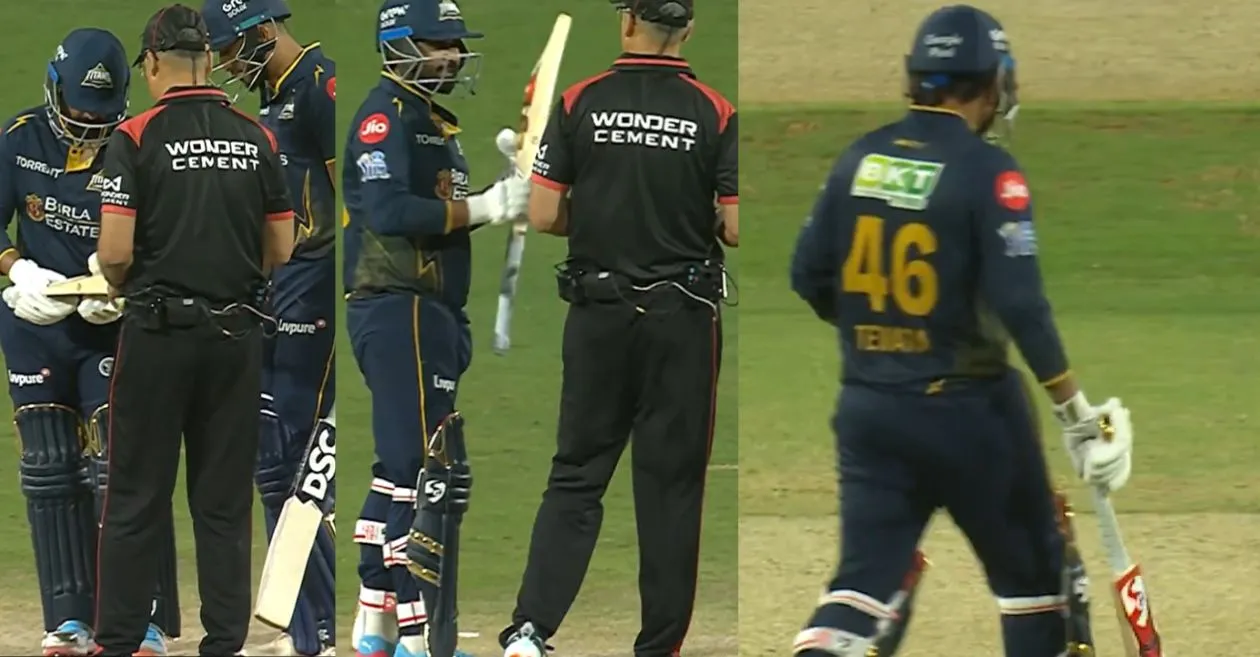 MIRAR: Rahul Tewatia se vio obligado a cambiar de bate después de fallar la prueba de aro en el choque de IPL 2026 entre Gujarat Titans y Punjab Kings